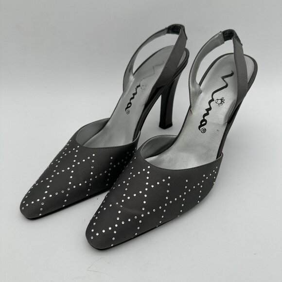 Nina Womens Size 8 Gray Satin Slingback Heels With Rhinestone Embellishments - Picture 2 of 10